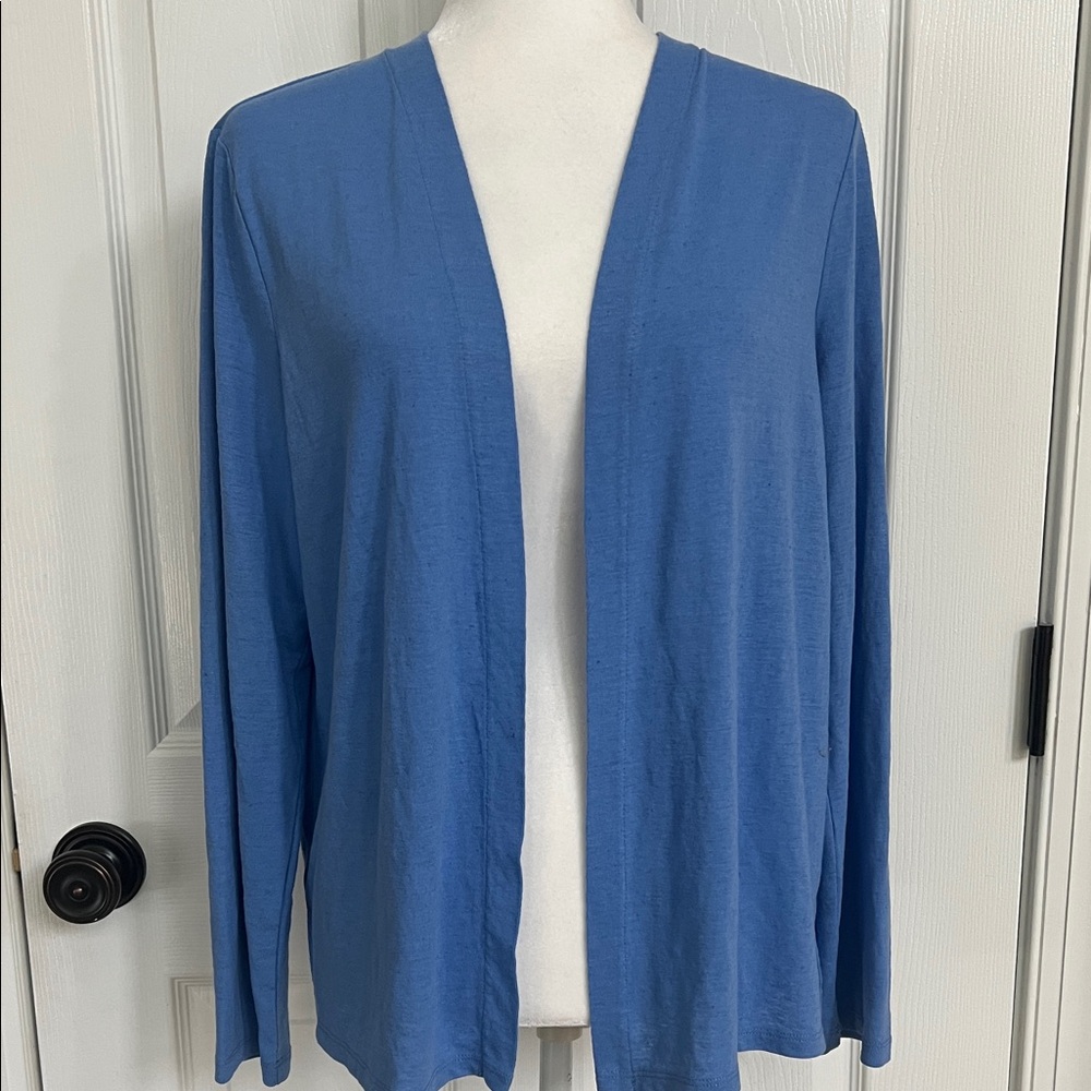 Talbots Blue Linen Blend Cardigan Lightweight Open Front Layer Classic Coastal - Picture 2 of 10